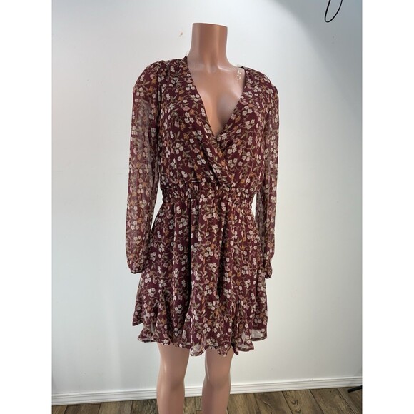 Trixxi Dresses & Skirts - Womens Wine Chiffon Floral Mini Fit & Flare Dress Juniors L
